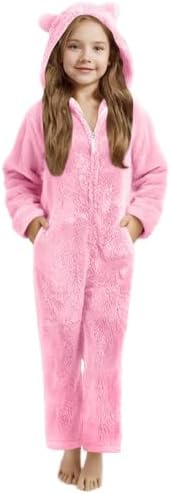 Slxbear Girls Jumpsuit Hooded Kids Fuzzy Pyjamas Long Sleeve Onesie Pajamas Soft Cozy Child Sleepwear Winter Warm Lounge Romper Loungewear Toddler Fleece Onesies Age 5-15 Years