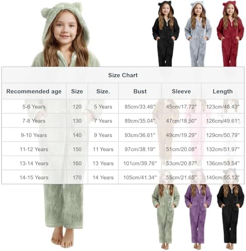 Slxbear Girls Jumpsuit Hooded Kids Fuzzy Pyjamas Long Sleeve Onesie Pajamas Soft Cozy Child Sleepwear Winter Warm Lounge Romper Loungewear Toddler Fleece Onesies Age 5-15 Years