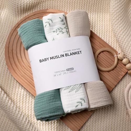 Soarwg Kids Muslin Cloth Baby Swaddle Cloths For Newborns Pack Of 3 Muslin Blanket Large 95 X 100cm Baby Blanket - Baby Swaddle Blanket Burp Cloths Swaddle Cloth Essential Items For Baby Shower