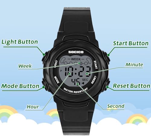 SOCICO Kids Digital Watches For Girls Boys Waterproof 5ATM 7 Color Lights Waterproof Watches For Kids With Alarm Stopwatch Soft Band Wrist Watch For Girls And Boys Ages 5-12