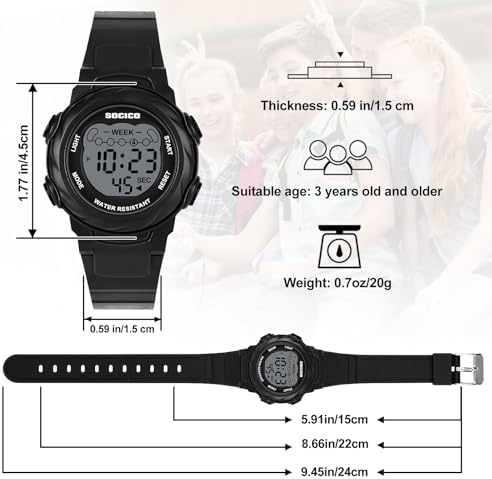 SOCICO Kids Digital Watches For Girls Boys Waterproof 5ATM 7 Color Lights Waterproof Watches For Kids With Alarm Stopwatch Soft Band Wrist Watch For Girls And Boys Ages 5-12