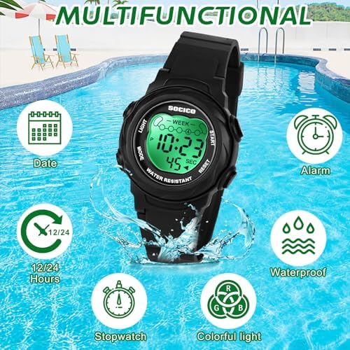 SOCICO Kids Digital Watches For Girls Boys Waterproof 5ATM 7 Color Lights Waterproof Watches For Kids With Alarm Stopwatch Soft Band Wrist Watch For Girls And Boys Ages 5-12