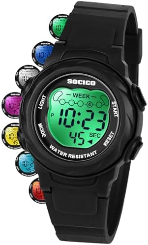 SOCICO Kids Digital Watches for Girls Boys Waterproof 5ATM 7 Color Lights Waterproof Watches for Kids with Alarm Stopwatch Soft Band Wrist Watch for Girls and Boys Ages 5-12