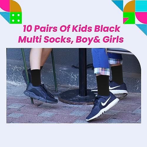 Sockstack 10 Pairs Of Kids Black Multi Socks Boys Girls Heel & Toe Socks