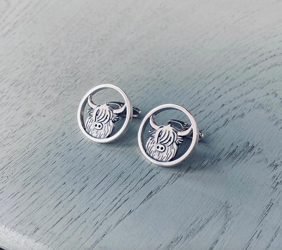 Solid Silver Orkney Jewellery Scottish Highland Cow Shirt T-Bar Cufflinks