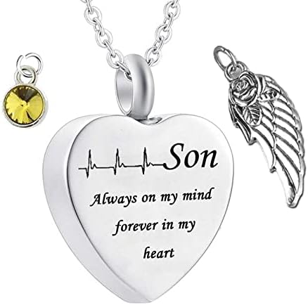Son Necklace for Ashes Necklace for Ashes Heart Son Always on My Mind Forever in My Heart with Wing Birthstone for Memorial Keepsake