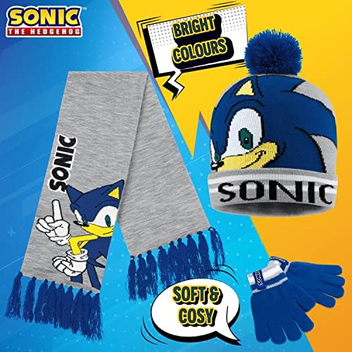 SONIC THE HEDGEHOG Beanie Hat Scarf And Gloves Set For Boys