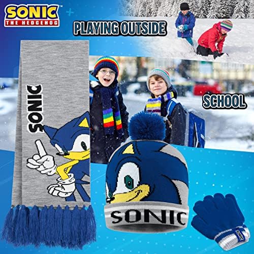 SONIC THE HEDGEHOG Beanie Hat Scarf And Gloves Set For Boys