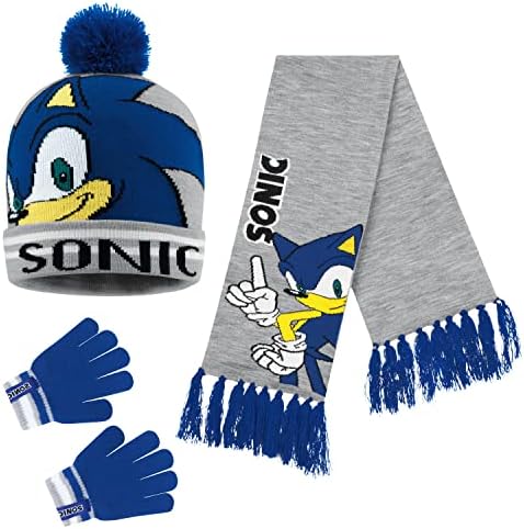 SONIC THE HEDGEHOG Beanie Hat Scarf and Gloves Set for Boys
