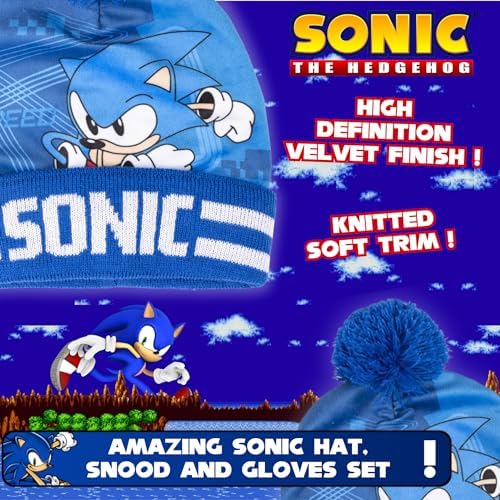 Sonic The Hedgehog Bobble Hat Gloves & Snood Set For Boys 3 Piece Winter Set Gift