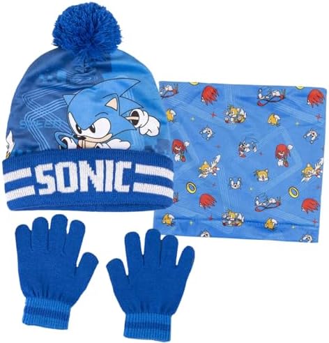 Sonic The Hedgehog Bobble Hat Gloves & Snood Set For Boys 3 Piece Winter Set Gift