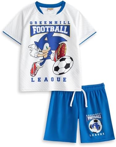 Sonic The Hedgehog Boys Greenhill Football League Kit White Top & Blue Shorts Short Sleeve Football Set Sonic Graphic Sportswear Sonic Merch
