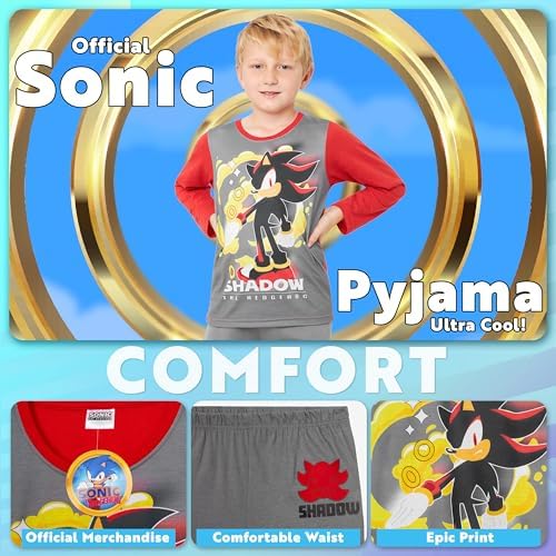 SONIC THE HEDGEHOG Shadow Boys Long Sleeve Pyjama Set Cosy Nightwear Soft PJs Loungewear Sleepwear Gaming Gifts For Boys