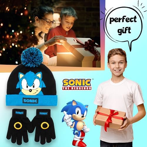 SONIC THE HEDGEHOG Winter Hat & Gloves Set For Boys – Warm & Comfy Beanie Hat & Gloves – Perfect For Kids Ages 6-12