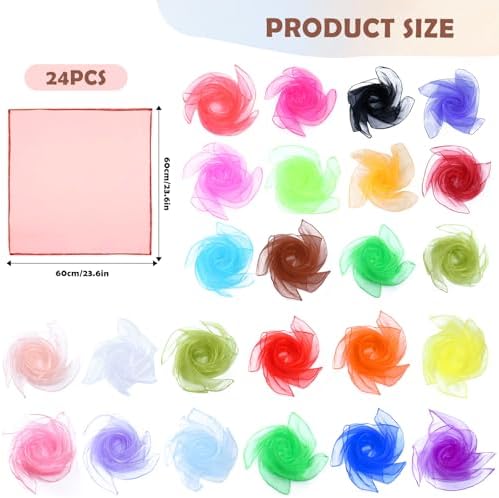 Square Colorful Dance Sensory Scarves - 24 Pcs Baby Sensory Scarf Soft Ribbon Music Juggling Scarf Actives Scarves 60 X 60 Cm Dance Juggling Scarves Toys For Children Movement Play