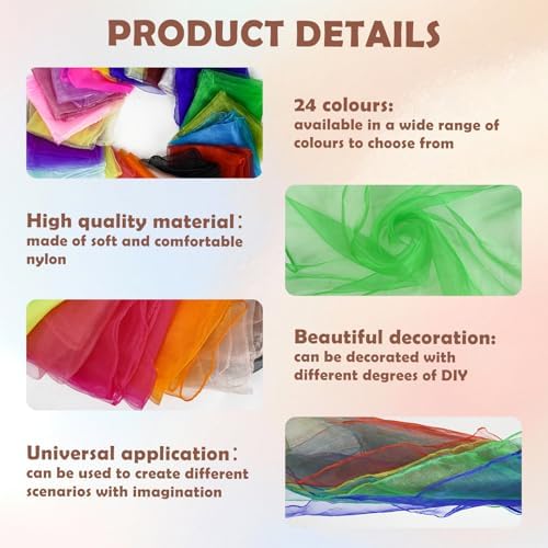 Square Colorful Dance Sensory Scarves - 24 Pcs Baby Sensory Scarf Soft Ribbon Music Juggling Scarf Actives Scarves 60 X 60 Cm Dance Juggling Scarves Toys For Children Movement Play