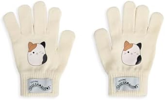 Squishmallows Beanie Hat & Gloves Set Childrens Knitted Winter Hat With Cam The Cat Character In Beige Kids One Size Cold Weather Hat & Gloves With Pom Poms Plush Toy Merchandise Gift