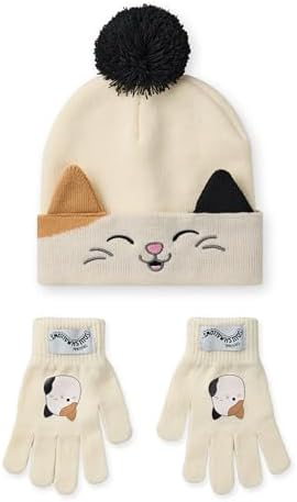 Squishmallows Beanie Hat & Gloves Set Childrens Knitted Winter Hat with Cam The Cat Character in Beige Kids One Size Cold Weather Hat & Gloves with Pom Poms Plush Toy Merchandise Gift