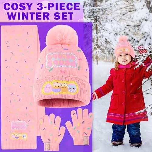Squishmallows Beanie Winter Accessories Set Girls Teens 3pcs Hat Scarf Gloves Warm Knit For School Travel Days Out Girls Gifts
