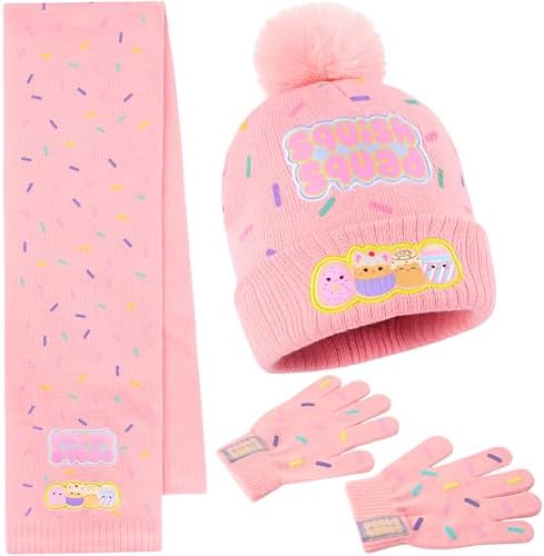 Squishmallows Beanie Winter Accessories Set Girls Teens 3pcs Hat Scarf Gloves Warm Knit for School Travel Days Out Girls Gifts