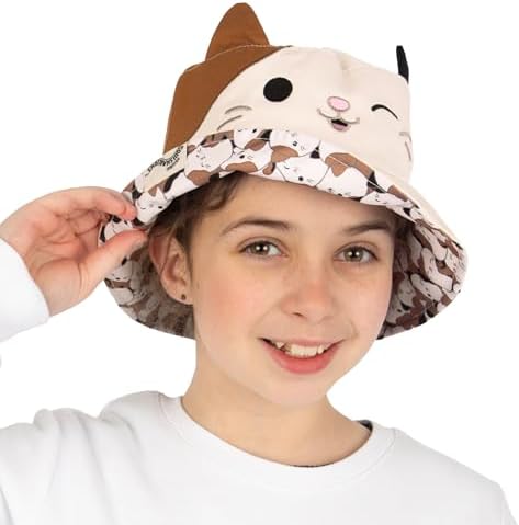 Squishmallows Reversible Girls Hat Cam The Cat Kids Bucket Hat Girls Summer Cap One Size Cream