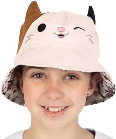 Squishmallows Reversible Girls Hat Cam The Cat Kids Bucket Hat Girls Summer Cap One Size Cream