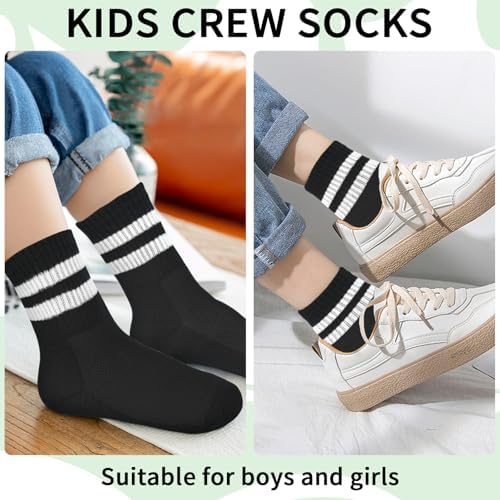 Srclo Boys Girls Socks 6 Pairs Sports Crew Socks Kids Black White Grey Ankle Cotton School Athletic Socks