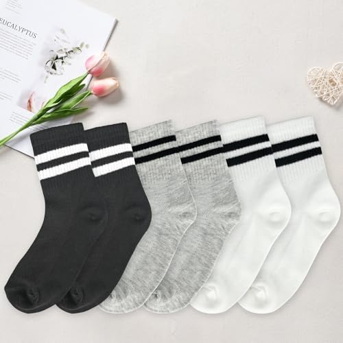 Srclo Boys Girls Socks 6 Pairs Sports Crew Socks Kids Black White Grey Ankle Cotton School Athletic Socks