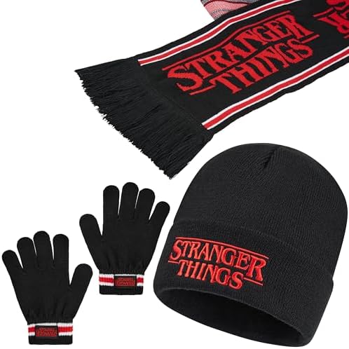 Stranger Things Beanie Hat Winter Gloves & Scarf Set For Boys & Teens 3 Pcs Knitted Winter Accessories Warm Gifts For Him