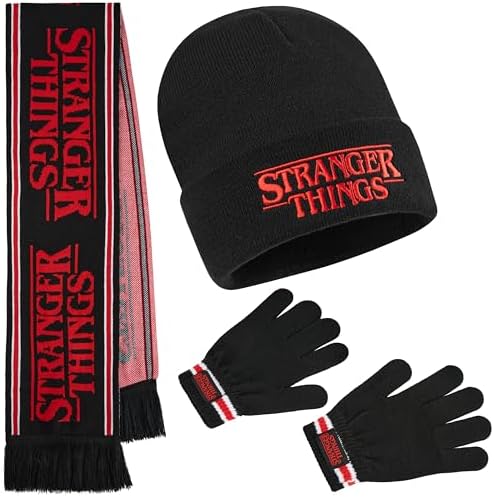 Stranger Things Beanie Hat Winter Gloves & Scarf Set For Boys & Teens 3 Pcs Knitted Winter Accessories Warm Gifts For Him