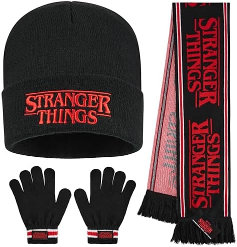 Stranger Things Beanie Hat Winter Gloves & Scarf Set for Boys & Teens 3 Pcs Knitted Winter Accessories Warm Gifts for Him