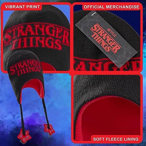 Stranger Things Beanie Hat With Ear Flaps For Kids And Teenagers - One Size Children's Winter Hats - Gifts For Kids Black/Red