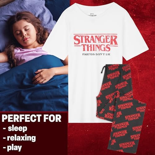 Stranger Things Girls Pyjamas Set T-Shirt & Long Bottoms For Kids & Teens Comfy PJs Loungewear Soft Nightwear Gifts For Girls