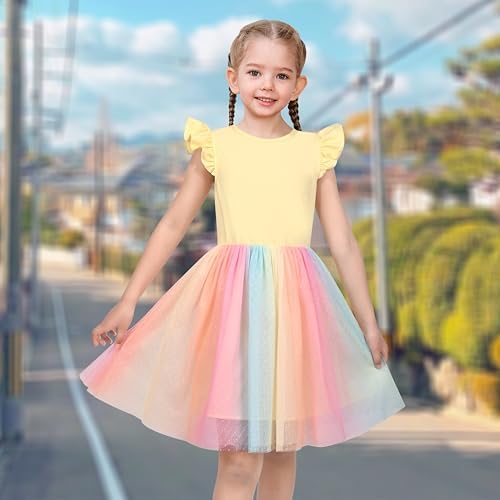 Sunny Fashion Girls' Purple Short Sleeve Rainbow Tulle Skirt Cotton Dress For Age 4-8 Years Party & Christmas Outfit