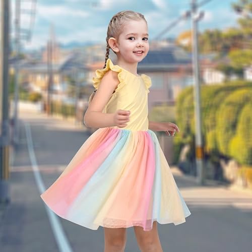 Sunny Fashion Girls' Purple Short Sleeve Rainbow Tulle Skirt Cotton Dress For Age 4-8 Years Party & Christmas Outfit