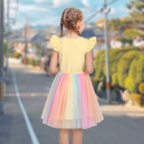 Sunny Fashion Girls' Purple Short Sleeve Rainbow Tulle Skirt Cotton Dress For Age 4-8 Years Party & Christmas Outfit