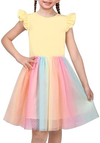 Sunny Fashion Girls' Purple Short Sleeve Rainbow Tulle Skirt Cotton Dress for Age 4-8 Years Party & Christmas Outfit