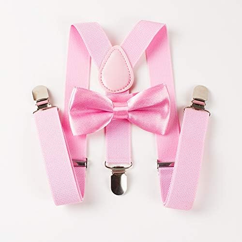 SunTrader Child Kids Clip-on Suspenders Elastic Y-Shape Adjustable With Clips And Bow Tie Set For Boys And Girls (Pink)