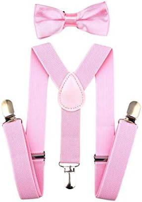 SunTrader Child Kids Clip-on Suspenders Elastic Y-Shape Adjustable with Clips and Bow Tie Set for Boys and Girls (Pink)