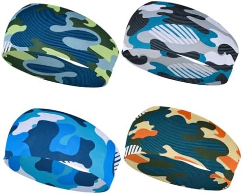 Sweatbands For Kids 4Pcs Absorbent Sweat Headband Camouflage Boys Headbands Elastic Washable Reusable Kids Headbands For Sports