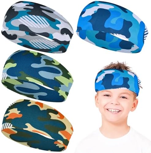 Sweatbands for Kids 4Pcs Absorbent Sweat Headband Camouflage Boys Headbands Elastic Washable Reusable Kids Headbands for Sports