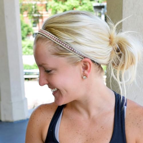 Sweaty Bands Womens Girls Headband - Non-Slip Velvet-Lined Jeweled Hairband - Bling It Pearls Of Wisdom Pink 3/8-Inch