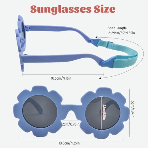 SwirlColor Baby Sunglasses Cute Flower Kids Sunglasses With Adjustable Strap Flexible Polarized Sunglasses For Newborn 0-24 Months With Sunglasses Bag And Cloth