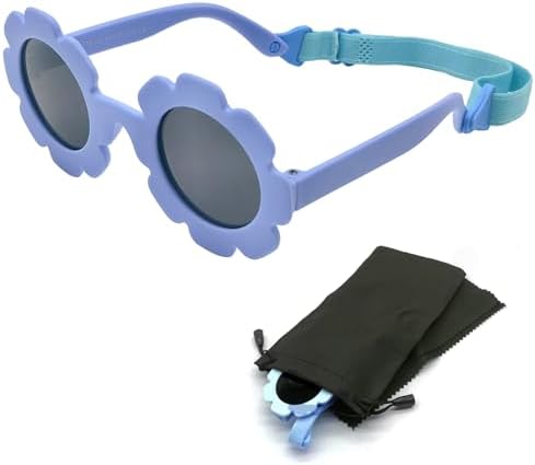 SwirlColor Baby Sunglasses Cute Flower Kids Sunglasses with Adjustable Strap Flexible Polarized Sunglasses for Newborn 0-24 Months with Sunglasses Bag and Cloth