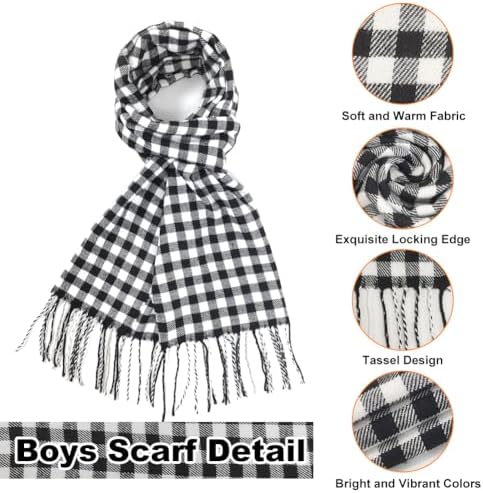 SwirlColor Boys Scarf Tartan Soft Faux Cashmere Plaid Scarves With Tassel Winter Long Scarf For Boys Kids Neck Warmer-Black White