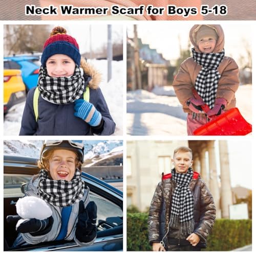 SwirlColor Boys Scarf Tartan Soft Faux Cashmere Plaid Scarves With Tassel Winter Long Scarf For Boys Kids Neck Warmer-Black White