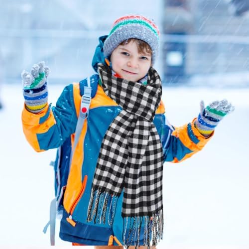 SwirlColor Boys Scarf Tartan Soft Faux Cashmere Plaid Scarves With Tassel Winter Long Scarf For Boys Kids Neck Warmer-Black White