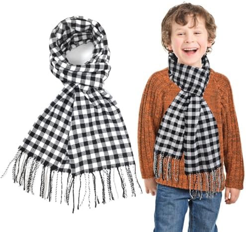 SwirlColor Boys Scarf Tartan Soft Faux Cashmere Plaid Scarves with Tassel Winter Long Scarf for Boys Kids Neck Warmer-Black White