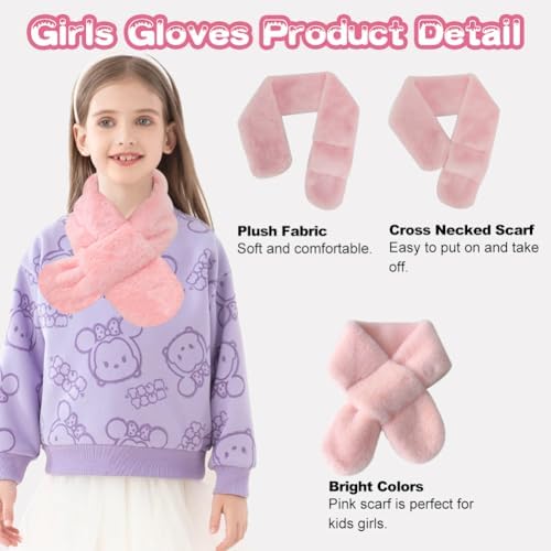 SwirlColor Girls Scarf And Glove Set Cute Plush Thermal Scarf And Gloves For Girls Kids Winter Warm Accessory Set Aged 3-8