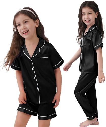 SWOMOG Kid's Silk Pyjamas 3PCS Girls Boys Short Sleeve Satin PJs Set Button-Down Nightwear Soft Lounge Sleepwear Teens Age 4-16